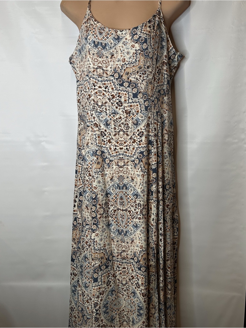 Sleeveless Printed Maxi Dress in Beige and Blue